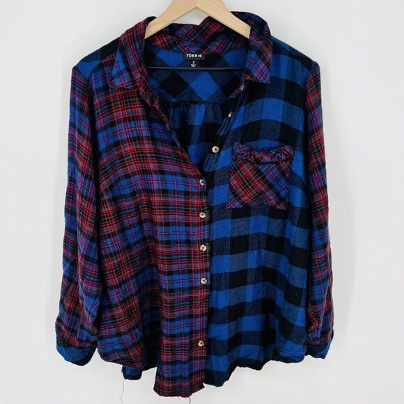 Torrid Plaid Button Up Shirt Size 3X Blouse Blue Red Frayed Edges Soft - Picture 1 of 4